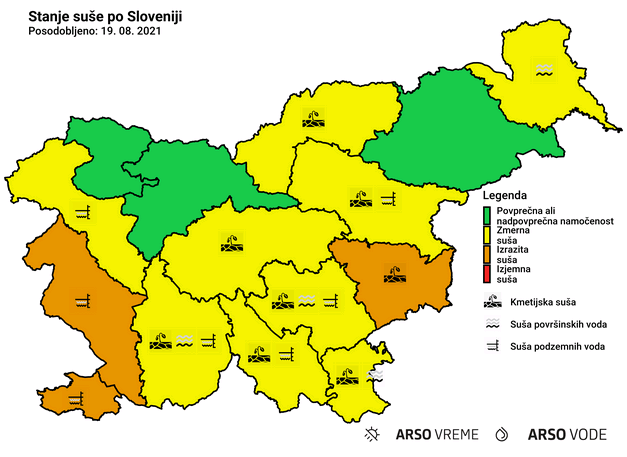 Zemljevid, ki prikazuje stanje suše po Sloveniji